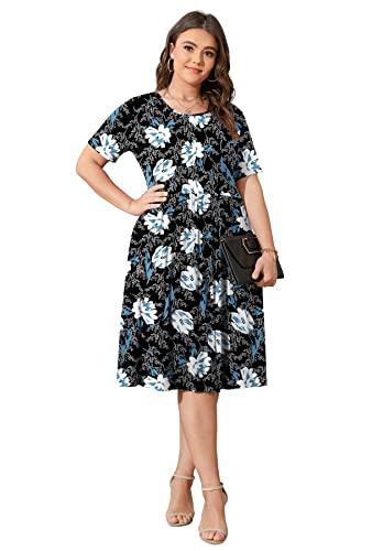 Image of POSESHE Womens Plus Size Summer Dress 2026 Casual Short Sleeve Empire Waist Loose Fit Swing T-Shirt Dress with Pockets