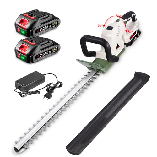 ONEVAN Cortasetos Eléctrico con Cabeza Giratoria 180°, Cuchilla de 51 cm, Corte de Ramas de 15 mm, Cortasetos Grande, con Doble Seguro y 2 Baterías de 2000 mAh