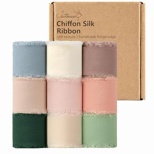9 Colors Chiffon Ribbon 1 x 27 Yds Handmade Fringe Chiffon Silk Ribbon for Gift Wrapping Wedding Invitations Bridal Bouquets Crafts Home Decor