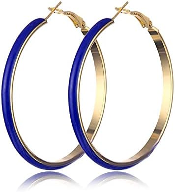 Big Hoop Earrings Colored Hoops Earrings Classic Big Earrings Colorful Enamel Copper Hoop Earrings Bohemia Enameled Big Round Circle Charm Statement Earring Jewelry for Women Girls-Blue