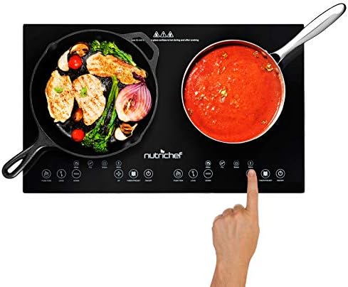 NutriChef Double Induction Cooktop - Portable 120V Digital Ceramic Dual Burner w/ Kids Safety Lock - Works with Flat Cast Iron Pan,1800 Watt,Touch Sensor Control, 12 Controls - NutriChef PKSTIND48