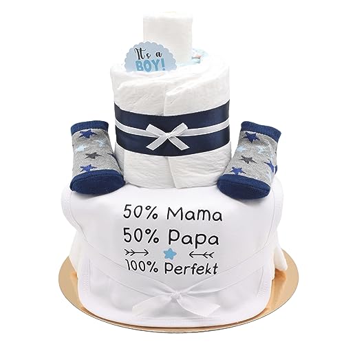 Trend Mama| Sprüche Windeltorte | blau Junge | mit Babysocken + Babylätzchen | handbedruckt - 50% Mama, 50% Papa,100%...