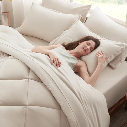 Anluoer California King Comforter Set,Beige Bed in a Bag 7 Piece,Bedding Set with Soft Down Alternative Fill,Bed Set Includes Comforter, Fitted Sheet, Flat Sheet,Pillowcases and Shams