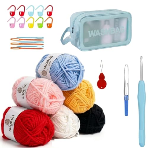 Complete Crochet Kit for Beginners Adults & Kids, All-in-One Crochet Starter Kit with 6 Multi-Color Acrylic Yarn Skeins, Ergonomic Crochet Hook, Zipper Storage Wash Bag, Stitch Markers & Needles
