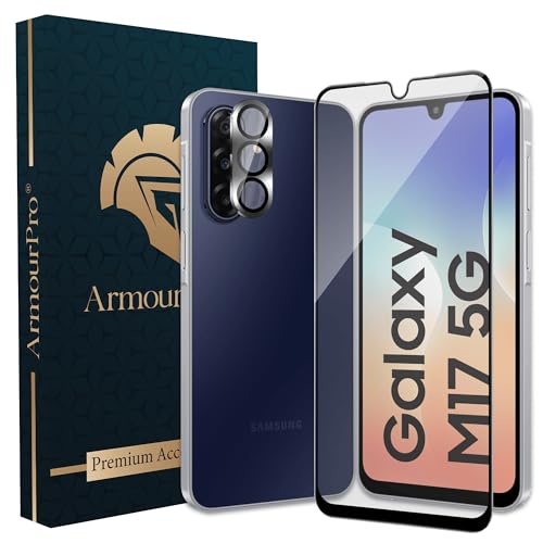 Image of ArmourPro Edge to Edge Tempered Glass for Samsung Galaxy M17 with Black Camera Ring Guard, 9H Screen Protector, Anti-Scratch, Anti-Fingerprint, Bubble-Free Installation Kit