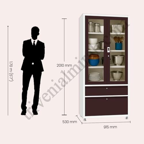 Image of Triveni Almirah Annapurna-5 Steel Wardrobe for Kitchen & Home Use | 10 Year Guarantee on Paint & Locks | 2-Door Glass Almirah with 2 Drawers | Separate Locks for Doors & Drawers | Powder-Coated Finish