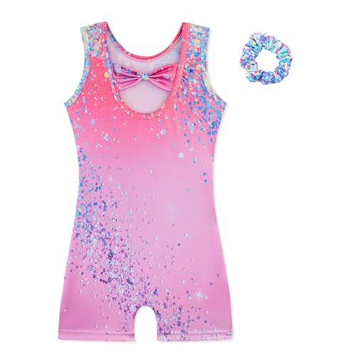 HOZIY Gymnastics Leotards for Girls with Shorts Biketards Dance Tumbling Outfits Matching Scrunchies 1-12 Years Old 1-2T B Pink Glitter Bow