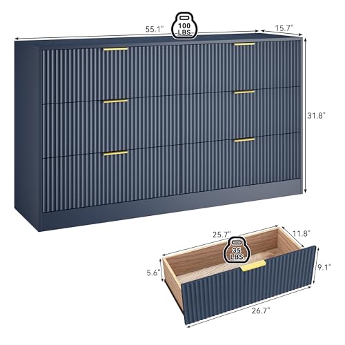 Image of Blue 6 Drawer Dresser for Bedroom,55 inch Wide Fluted Dresser with Gold Handles, Modern Chest of Drawer for Bedroom,Closet, Living Room, Entryway, Hallway(Blue,6 Drawer Dresser)