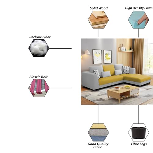 Image of Galib RHS 4 Seater L Shape Sofa Set for Living Room (Yellow Grey Fabric) Premium Fabric Sofa
