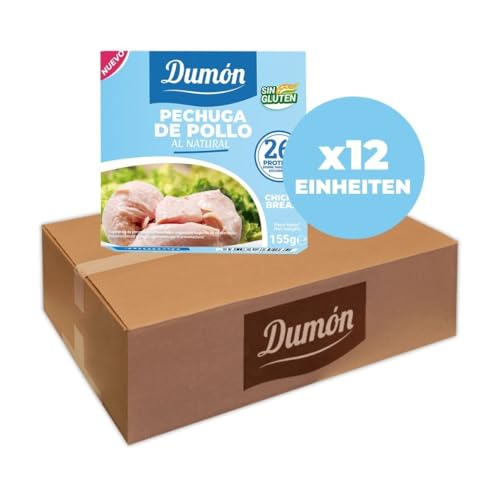 12 Einheiten von 155g. Dumon Hähnchenbrust in Dosen. Hühnchen im eigenen Saft oder Wasser. Konserven mit hohem Proteingehalt, 26 g pro 100 g natürliches Huhn. Leicht zu öffnen.