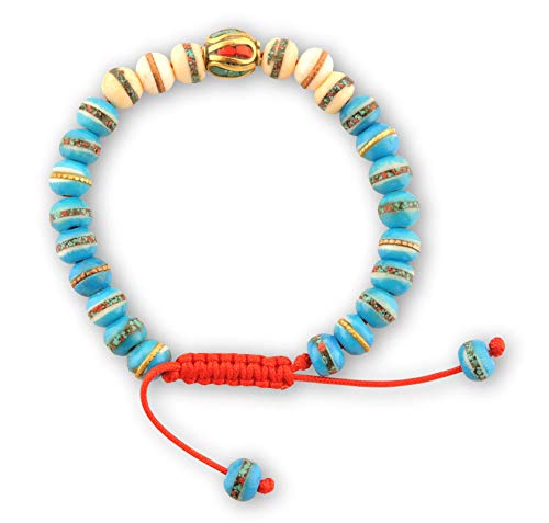 Hands Of Tibet Handmade Embedded Medicine Healing Bracelet Multi-Bead Spacer Bangle Adjustable Wrist Mala for Meditation Choices Color (Blue 1/White)