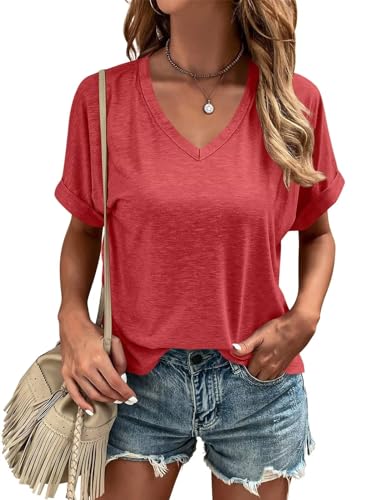 EADINVE Womens Tshirts V Neck Short Sleeve Roll Sleeve Tops Summer Basic Tee Solid Color Blouse Loose Fit