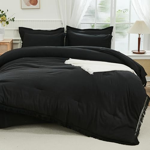 Image of Andency Black King Size Comforter Set with Sheets - 7 Pieces Boho Tassel Bed in a Bag Soft Lightweight Bedding Sets, Black Fringe Bed Set with Comforter, Sheets, Pillowcases & Shams