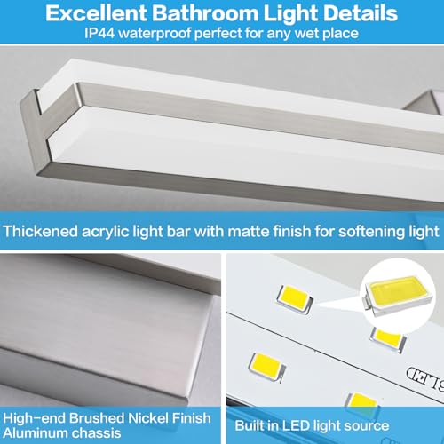Image of SOLFART Bathroom Light Fixtures Over Mirror 24 Inch Brushed Nickel Modern Vanity Light 5CCT Adjustable Brightness LED Mirror Light Fixture Anti-Glare Lighting Wide Illumination