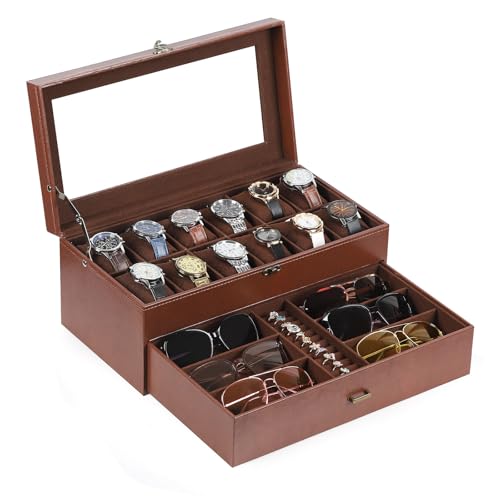 AUTOARK Caja de cuero y terciopelo para 12 relojes y organizador de lentes de sol de 6 piezas, 2 capas con 1 cajón, con cerradura, parte superior de cristal grande, MKAW041