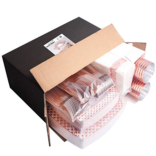 I00000 175 Piece Rose Gold Disposable Dinnerware Set For Party-50 Square Rose Gold Plastic Plates Disposable-25 Rose Gold Plastic Silverware-25 Rose Gold Plastic Cups-25 Rose Gold Napkins For Wedding #TOP5