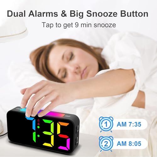 Image of Topski Loud Alarm Clocks for Bedrooms Heavy Sleepers, Plug-in Digital Bedside Clock with RGB Night Light, Large Display, Dual Alarm, Snooze, Dimmable, 3 Volumes, Plastic, Black