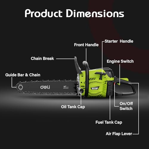 Deli DE-LJ18-1 2300W Gasoline Chainsaw with 550ml Capacity 18 Inch Guide Bar 45CC Heavy Duty 2 Stroke Air Cooled Wood Cutting Saw for Farm Ranch & Garden (Pack of 1, Green and Black)