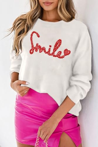 Image of LEMAFER Women 2026 Merry Christmas Round Neck Sequin Letters Sweater Casual Solid Slogan Long Sleeve Pullover Sweatshirt Tops