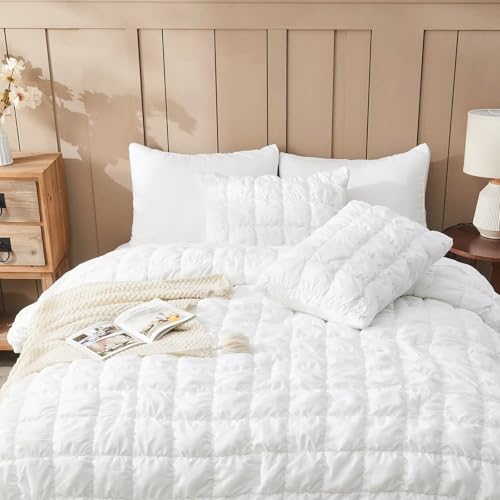 Image of White Comforter Set Full Size Bed in A Bag 7 Piece Pinch Pleat Bedding Set, Pintuck Ruched Square Bed Set with Comforter, Sheets, Pillowcases & Shams