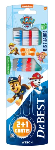 Dr.BEST Cepillo de dientes suave de la Patrulla Canina (2 unidades + 1 unidad), cerdas suaves y mango apto para niños
