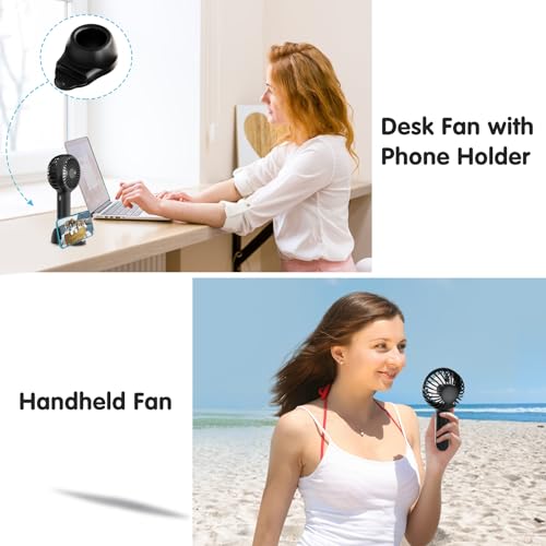 Handheld Mini Portable Fan, USB Desk Fan with Base as a Phone Holder, 3 Speeds Battery Operated Fans with RGB Color Light, Personal Fan for Kids, Women, Indoor, Outdoor Party(Black)