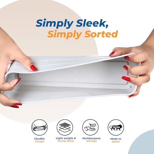 Image of KOLORR Flexi Tray Narrow Flexible Space-Saving Storage, Stackable Storage Organizer, Drawer Organizer Trays for Home, Washroom, Office, and Kitchen Organization Pack of 3 - White