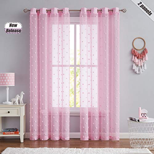 Beauoop Semi Sheer Window Curtains 90 Inches Long for Girls Room Bedroom Pretty Pom Pom Dot Floral Voile Child Curtain Drapes Home Decorative Grommet Window Treatment Set, 2 Panels, 54 x 90 Inch, Pink