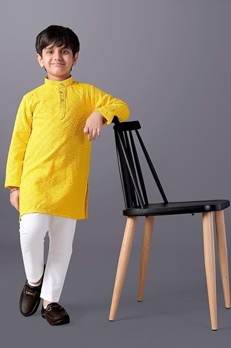 Image of Valaki Kurta Pajama Set for Boys Cotton Blend Mirror Work Embroidery Kurta Pyjama for Boys