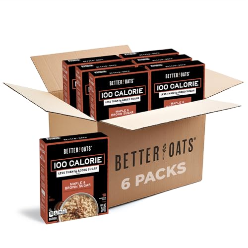 Better Oats 100 Calorie Maple & Brown Sugar Oatmeal Packets, Whole Grain with Flax Seeds and Rolled Grains, Cooks in 90 Seconds, Box of 10 Pouches (Pack of 6)