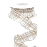CABODYALS 10 Yards 1.5 Inch Beige Plaid Ribbon Checkered Ribbon Tan Gingham Double Chiffon Ruffled Edge Polyester Ribbon with Spool for Gift Wrapping Wedding Invitations Bouquets Christmas Decor