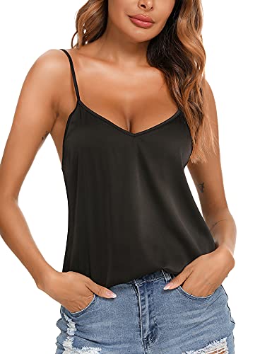 Vidussa Silk Shirt Women's Blouse V Neck Satin Cami Top Silk Camisole Loose Sleeveless Tank Blouse Black L #TOP3