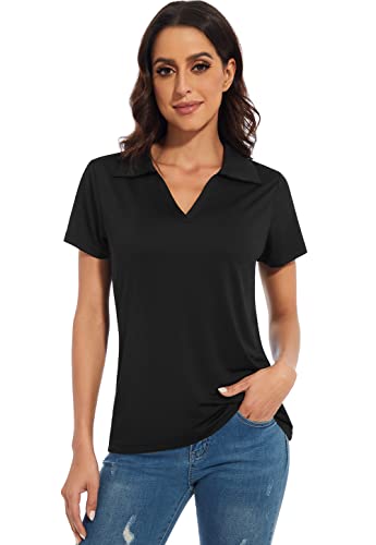 Ullnoy Women's Dry-Fit Golf Polo Shirts Short Sleeve Shirts For Women V Neck Moisture Wicking Sports Tops Collar 3 Pack Black/Blue/Pink L #TOP1