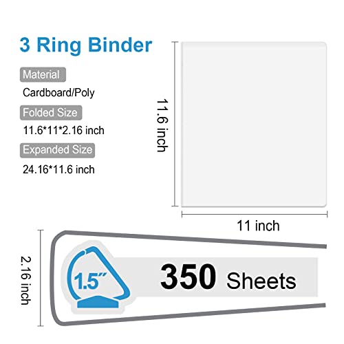 Comix Durable 1.5 Inch D-Ring Binders, 1.5'' 3 Ring Binder With Clear View Cover, Holds 350 Sheets Of 8.5" X 11" Paper, 6 Packs (White) #TOP1