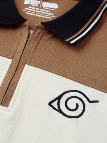 Image of The Souled Store Naruto Shippuden: Team Seven Men and Boys Short Sleeve Spread Collar Off White and Brown Embroidered Cotton Elastane Regular Fit Breathable Stretchable Polos