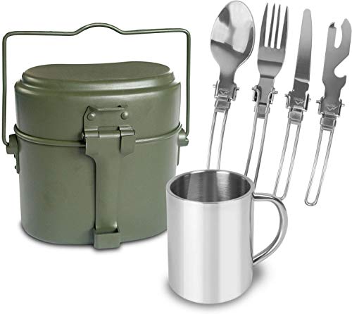 Outdoor Essgeschirr-Set bestehend aus Edelstahl Besteck, Tasse und BW Kochgeschirr Farbe Oliv