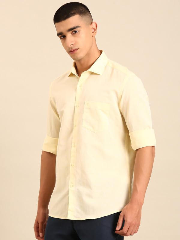 Image of Cavallo by Linen Club Men's Blended Linen Blue Solid Contemporary Fit Full Sleeve Casual Shirt