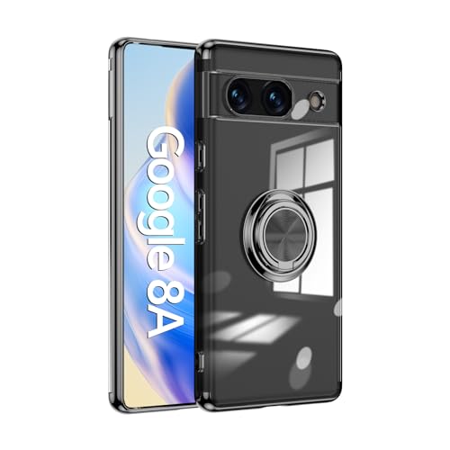 Google Pixel 8a 用 ケース 透明TPU 耐衝撃 黒メッキ加工 リング ストラップホール付き スタンド機能 車載ホルダー対応 滑り止め 落下防止 グーグル ピクセル 8a カバー(ブラック)