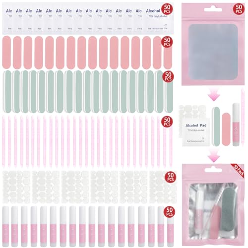 50PCS Press on Nail Tool Kit Nail Prep Manicure Kit with Nail Glue,Adhesive Tabs, Mini Nail File, Nail Shine Buffer, Acrylic Sticks, Prep Pads, Packaging Bag for Press on Nail Business Salon Home Use