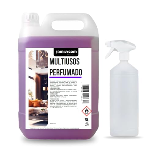 FAMILYCOM - Limpiador Multiusos Profesional con Pulverizador - 5L - Perfumado y Concentrado - Limpieza de Cristales, Cocina, Baño y todo tipo de Superficies.