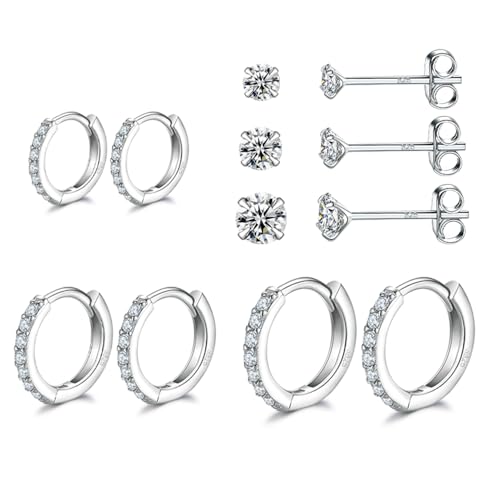 Sterling Silver Hoop Earrings Sterling Silver Stud Earrings for Women 6 Pairs Hypoallergenic Tiny Cubic Zirconia Stud Set Cartilage Hoops 6mm 8mm 10mm by Dlihc - Used condition - US$13.81