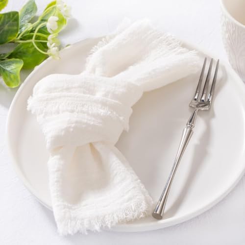 Image of MLMC 10 Pack Ivory White Cloth Napkins with Fringe Boho Linen Napkins Washable Reusable Rustic Dinner Table Decor 17 inchx17 inch for Wedding Party Bridal Baby Shower Home Decor