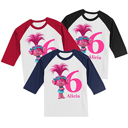 Personalized Troll Birthday Shirt for Girls | Handmade Decorated Shirt | Personalized with Name and Age | Unisex 3/4 Sleeve Raglan T-Shirt | #11484