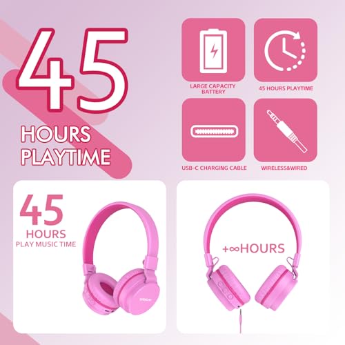 Image of Kids Bluetooth Headphones,Lightweight Kids Headphones Wireless,85 /94dB Safe Volume,40H Playtime,Fast Charging,Bluetooth 5.3,Over Ear,Toddler Headphone Built-in Mic for School /Tablet /Travel (Pink)