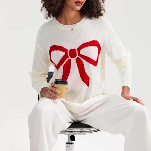 Image of Women Cute Bow Knit Sweater Y2k Long Sleeve Crew Neck Knitted Pullover Top Oversized Going Out Fall Winter Knitwear