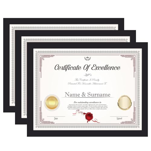 Image of KTKDE 8.5x11 Picture Frame Black Certificate Document Frame 3 Pack Diploma Frames, Poster and Photo, Horizontal and Vertical Formats for Wall Hanging or Tabletop with Shatter Resistant Plexiglass