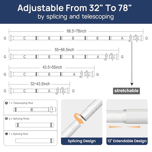 Image of ENJOYBASICS 2 Pack Tension Curtain Rod, 32-78 inch Adjustable, Stable, White | Secure Hold with Strong Spring & Non-Slip Ends, No-Drill, No Tools, Sag-Resistant, Waterproof, Fits Windows, Showers & Closet