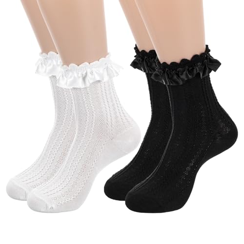2 Pairs Womens Lace Ruffle Frilly Crew Socks Satin Ruffle Ankle Sock for Women Girls Casual Soft Comfortable Frilly Sock Lolita Princess Accessory (Black + White)