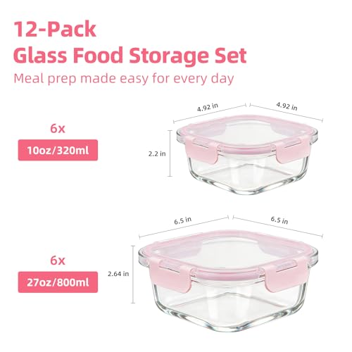 Image of Konokyo Square Glass Food Storage Containers with Lids, Meal Prep, 12 Pack