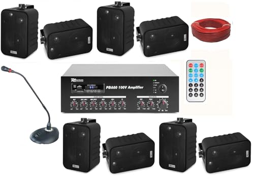 IMPIANTO AUDIO FILODIFFUSIONE+8 Altoparlanti Parete+Bluetooth+100Mt Cavo +Microfono (Con Casse Nere)